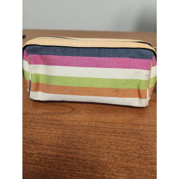 COACH Vintage Stripe canvas and leather trim Makeup Bag with 2 charms (PF) - Picture 4 of 11